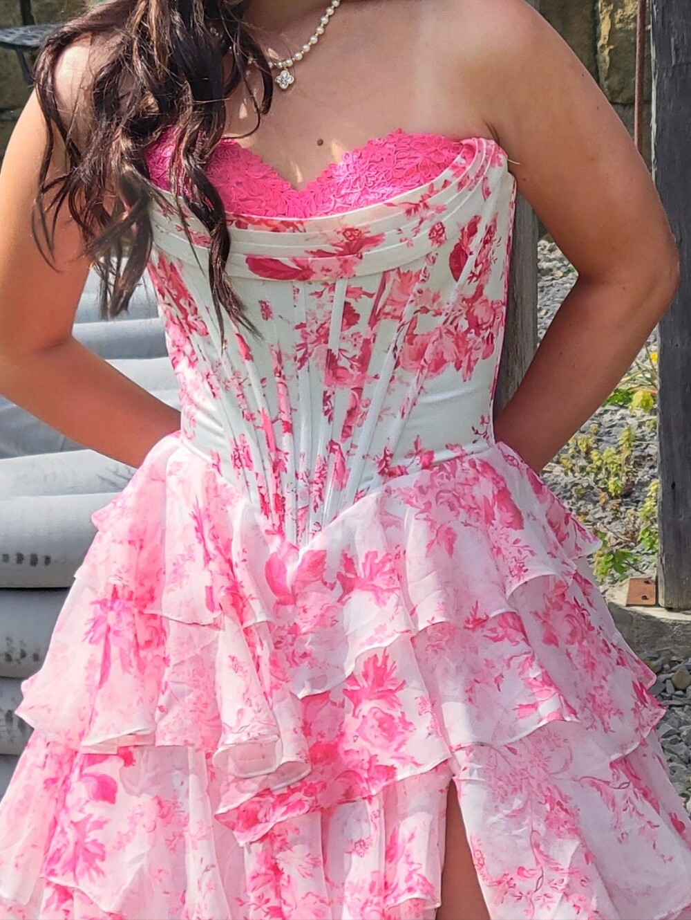 Pink Floral Tiered Prom Dress with Corset Bodice